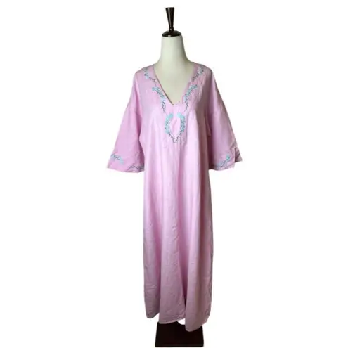 Fanm Mon x Andie Dress Women Small Pink Linen Embroidered The Kepez Kaftan Maxi