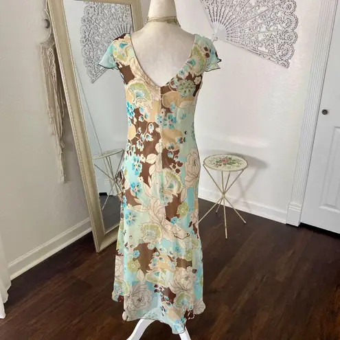 B. Smart Early 2000's Tan Cream Teal Blue Frilly Ruffle Asymmetric Midi Dress S