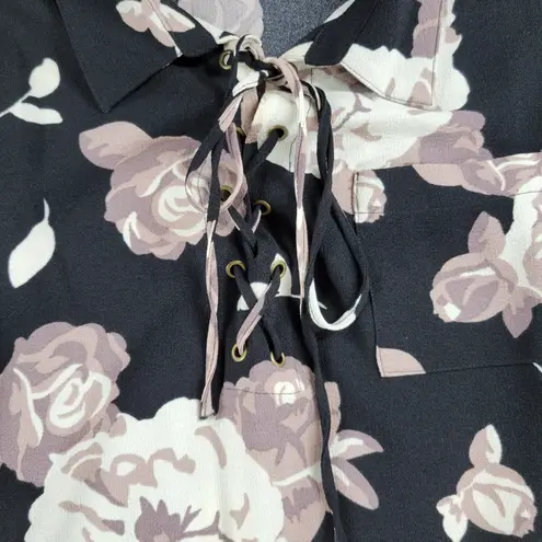 Mud Pie Kinsley Dress Womens Medium Black Pink Floral Stretch Lace Up Mini