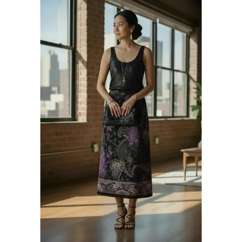 Briggs New York Paisley Print Midi Skirt 10 Black Purple Dark Romantic Feminine