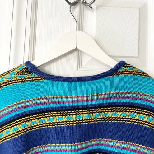 Liz & Co Vintage Bold Blue Multi Stripe Bead Accented Jumper Sweater Y2K Large