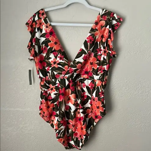 Anthropologie  Size 1X Floral One Piece Swimsuit V Neckline Ruffle Cap sleeves