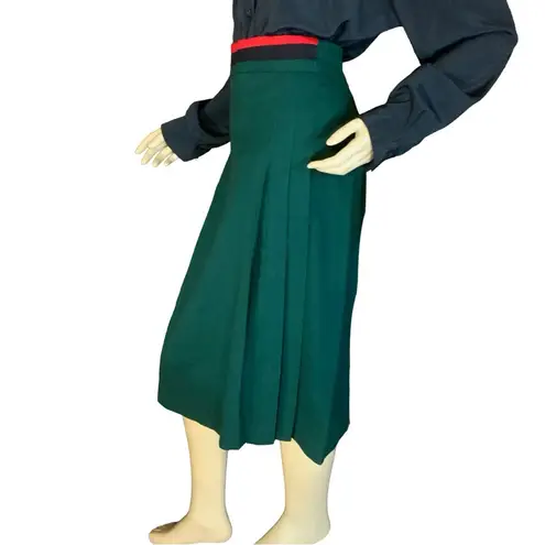 VINTAGE 1980'S GREEN W/RED & BLACK WAIST PLEATED WOOL MIDI SKIRT (16)