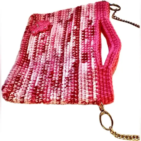 Adorable Crocheted Multi Colored Pink Crossover Purse with Gold Chain Strap