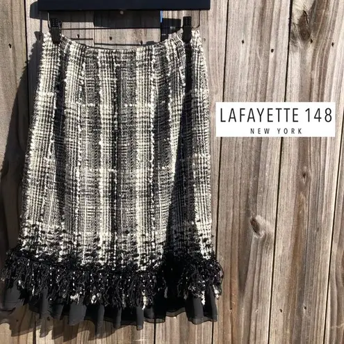 Lafayette 148  New York 2 Black White Tweed Pencil Ruffle Matrix Skirt XS Beaded