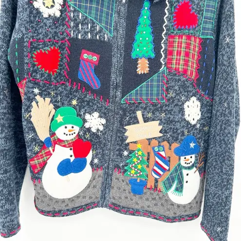 Segue Ho Ho Ho Womens Vintage Snowman Zip Ugly Christmas Sweater Cardigan Size S Blue