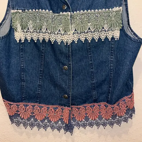 Vintage Denim Vest with Lace Trim Crocheted Grandma Jean Jacket Size XL