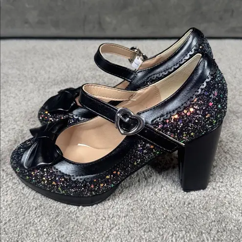 Women’s Black Sparkly Glitter Mary Jane High Heels Bow Detail Size 8 (EU 39) NEW Black