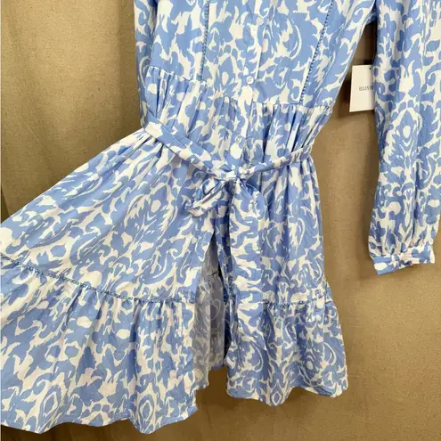 Ellen Tracy Long Sleeve Blue and White Dress Tie Waist Shirtdress Blue Damask S