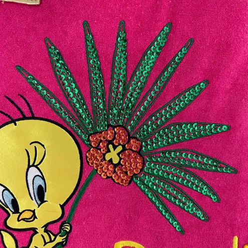 TWEETY Y2K Hot Pink Gold Terry Cloth Paradise Sequin Graphic Beach Tote Bag