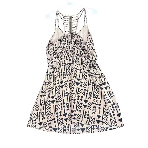 Three Pink Hearts Aztec Tribal Print Dress Womens Large Taupe Black Racerback