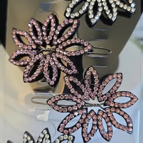 Set of Six Flower Rhinestone Hair Barrettes Pink