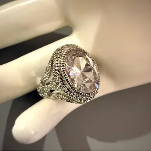 Sterling Silver Statement Ring Clear and Pale Pink Cz’s Set in Solid 925