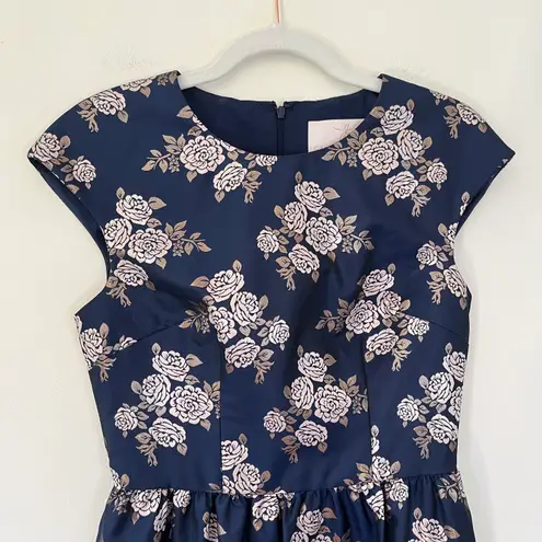 Gal Meets Glam Jenny Wallpaper Rose Brocade Floral Ruffle Knee Length Dress Navy