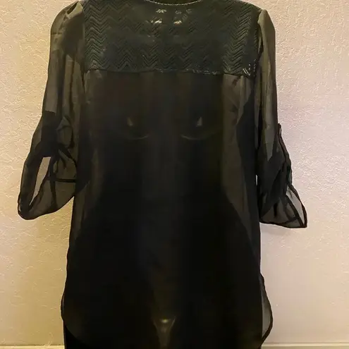 American Dream Women's XS Sheer Black 3/4 Sleeve Blouse Lace Chevron Tunic Top