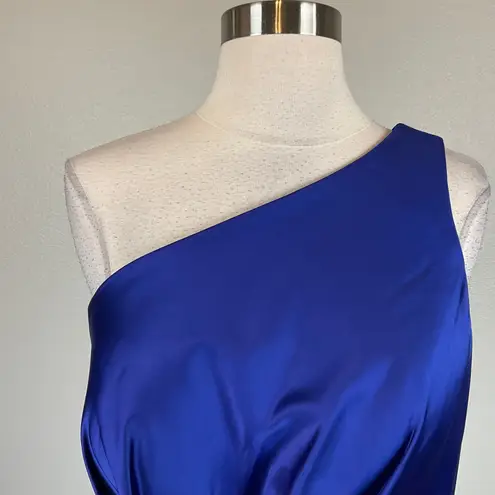 Alex Evenings Blue Satin One Shoulder Midi Sheath Cocktail Dress Women’s Size 12