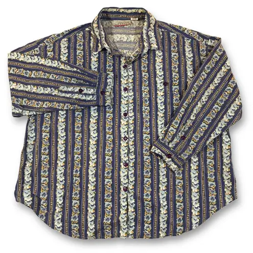 VTG Forelli Women's Blue Floral Stripe Button Up Long Sleeve Shirt Size 26/28