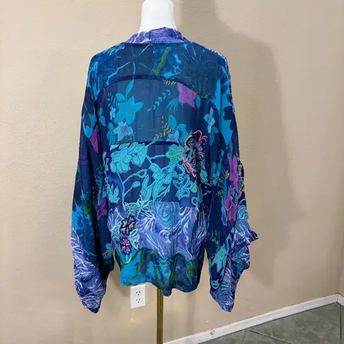 Half Moon Bay Womens Blue Floral Beaded Embroidered Open Kimono Sz L Boho Hippie Size L
