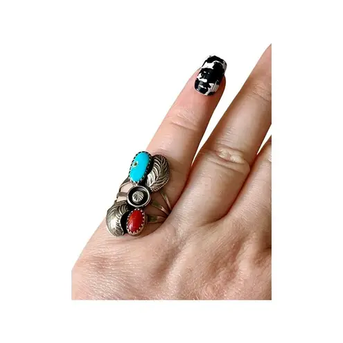 None Vintage sterling silver turquoise and coral Native American ring size 6.5