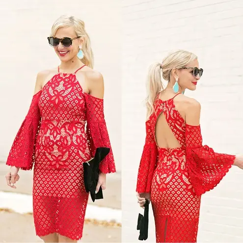 Bardot  Mila Lace Dress Cold Shoulder Flare Sleeve Halter Neck Red Cut Out Back 4