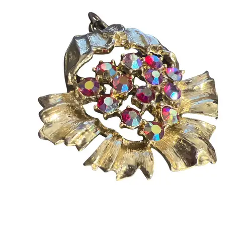 Vintage Floral Pendant Pink Red Aurora Borealis Rhinestones Gold Tone Estate