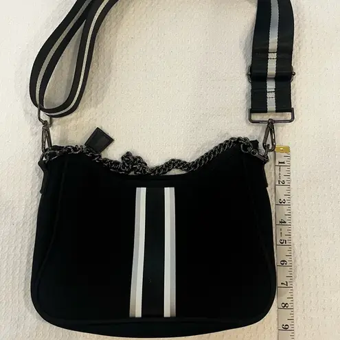 Haute Shore Black & White Stripe Neoprene Shoulder Bag Crossbody Chain Detail