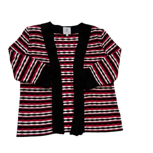 Toula Cardigan Sweater Black Red White Ruched 3/4 Sleeve Open Front Large