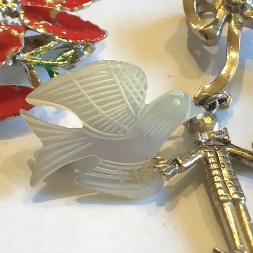 Lot of 3 Vintage Pins Poinsettia Dangling Pin & Mother of Pearl Dove
