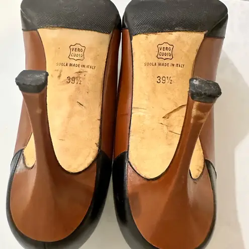 Manolo Blahnik Black and Brown Y2K Leather Geometric Pumps Pointy Toe Heels 39.5