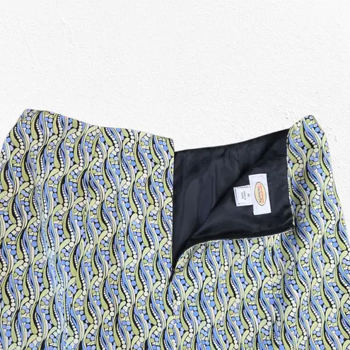 Talbots Y2K  Blue Green Silk Blend Retro Mod Print A-Line Midi Skirt Size 10