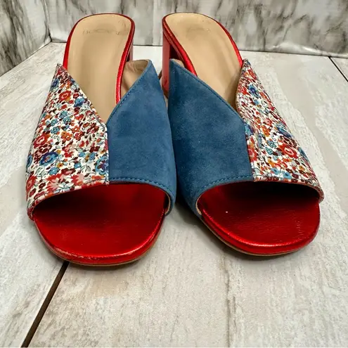 Vibrant Floral Red and Blue Suede Mules Flowercore Boho Chic Open Toe Block Heel Size 6.5