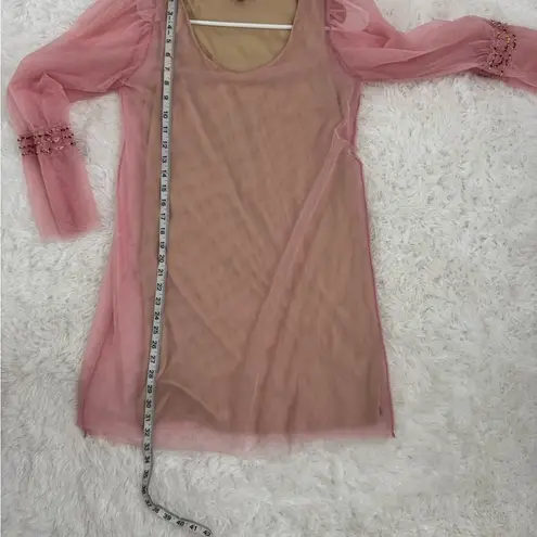 STAUD Sheer Tulle Shift Dress w/Beaded Bell Sleeves Nude Lining Size XS