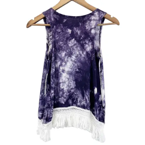 NEW Suzzi Womens S Tank Top Bohemian Tie Dye Purple White Fringe Summer