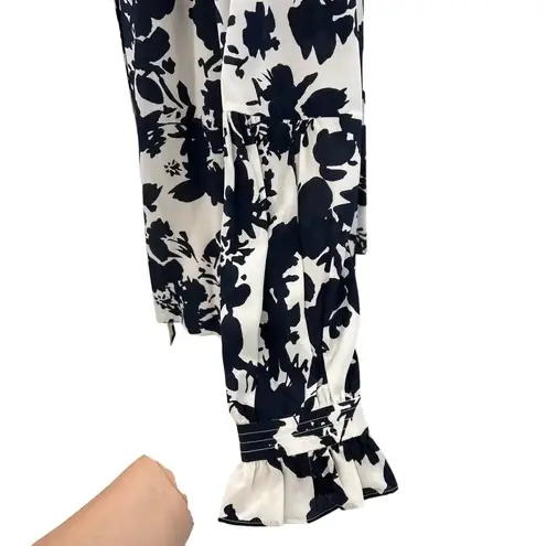 Marie Oliver White Navy Blue Floral Print Long Sleeve Silk Blouse Size Large