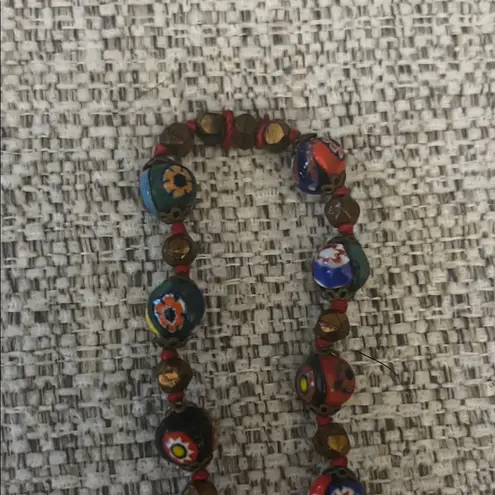 Vintage Italian Murano Millefiori Art Glass Beaded Necklace Brown