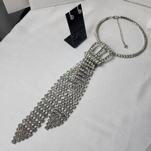Bling!! Statement Silver Crystal Choker Necklace with Crystal Tie Earrings Set