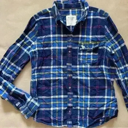 Abercrombie & Fitch  New York Flannel Plaid Button Down Shirt Navy Blue Large