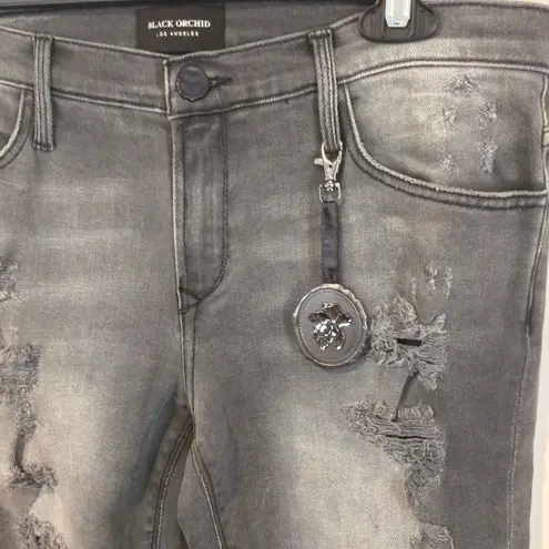 Black Orchid women's 27 low waist boy fit distressed ripped stretchy jeans 32x29