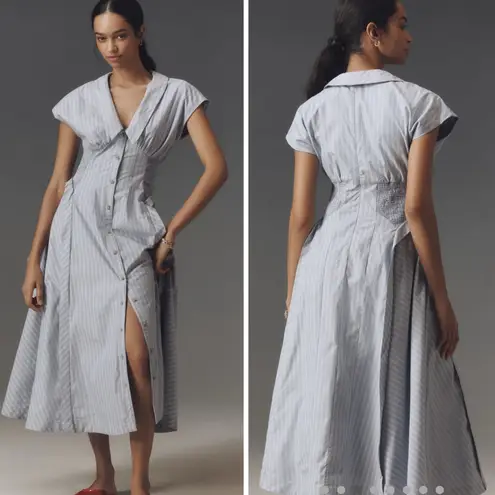 By Anthropologie Dress Women Small Blue White Striped Pleated Midi Preppy Boho