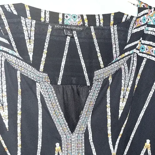 Signature Studio Shirt Dress Black Zigzag Blouson Mini Boho XL