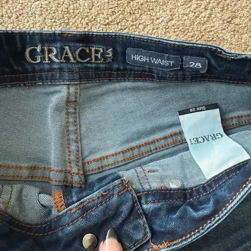 Grace in LA High Waisted Medium To Dark Wash Super Flare Bell Bottoms Boho (28) Blue