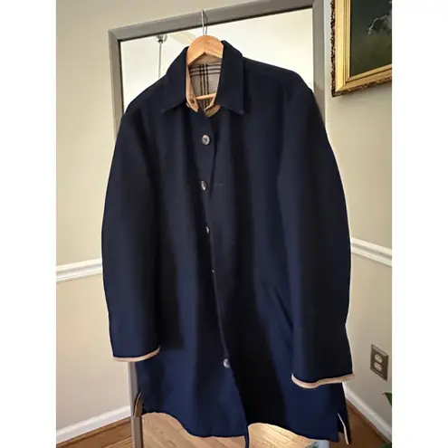 Men’s MINE Wool Coat Navy Blue Size M Genuine LeatherTrim Classic Long Overcoat Size M