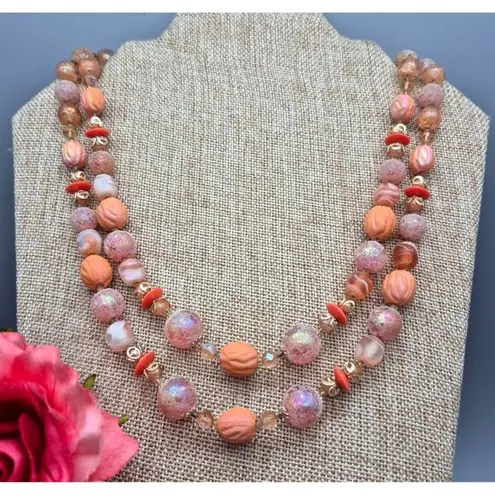 None Vintage Pastel Pink & Peach Textured Art Bead Necklace Hidden Box Clasp Japan
