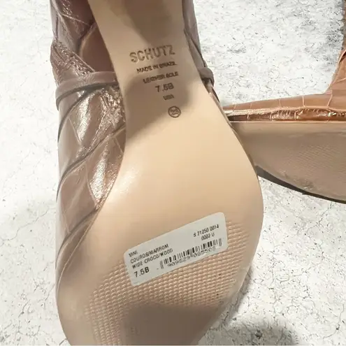 Schutz Vini Crocodile Embossed Leather Heeled Boots Pointed Brown Zip 7.5 NEW