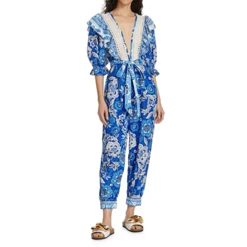 Farm Rio Full of Flowers Floral Jumpsuit Blue White Crochet Trim V Neck Boho