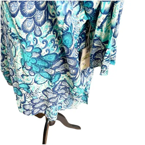 Avenue Handcrafted Tunic Plus Size 26/28 NWT Tropical Print Studded Neckline Blu