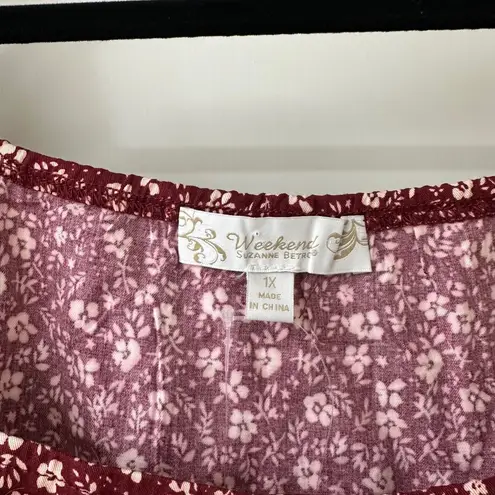 Suzanne Betro NWT Burgundy & Camel Floral Square Neck Balloon Sleeve Top Size 1X