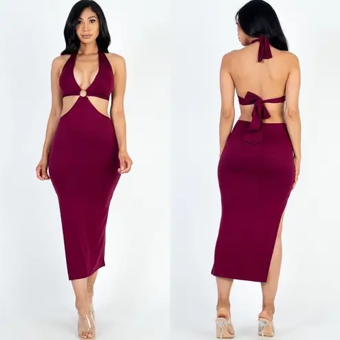LAST ONE Sexy Burgundy Wine Front Cut Out Halter Neck Back Tie Midi Dress Size M