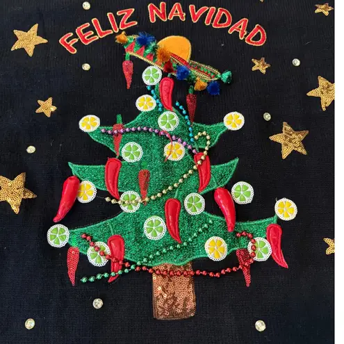 Ugly Christmas Sweater Feliz Navidad Mexican Tree Sombrero Chili Peppers 2X Green Size XXL