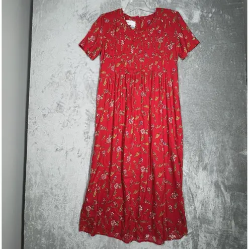 Betsy Lauren Dress Womens 6 Red Yellow Floral Midi Bohemian Cottagecore Prairie